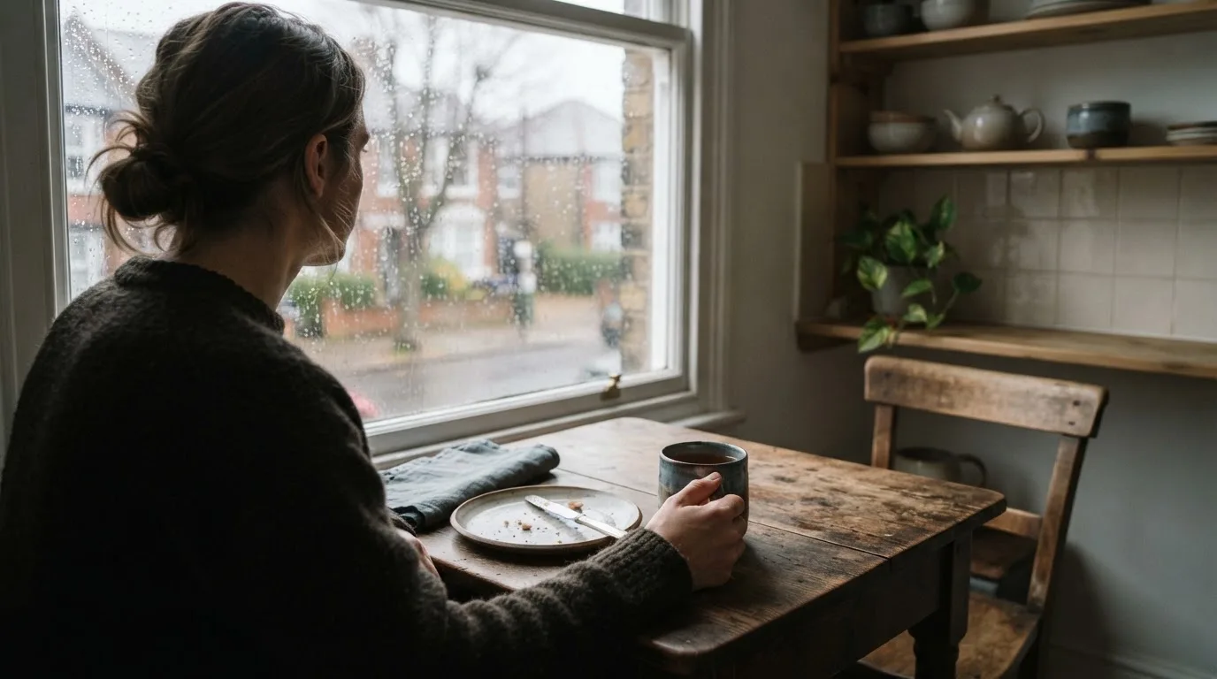En person sitter ensam vid ett köksbord med händerna runt en varm kopp te och blicken riktad mot fönstret.